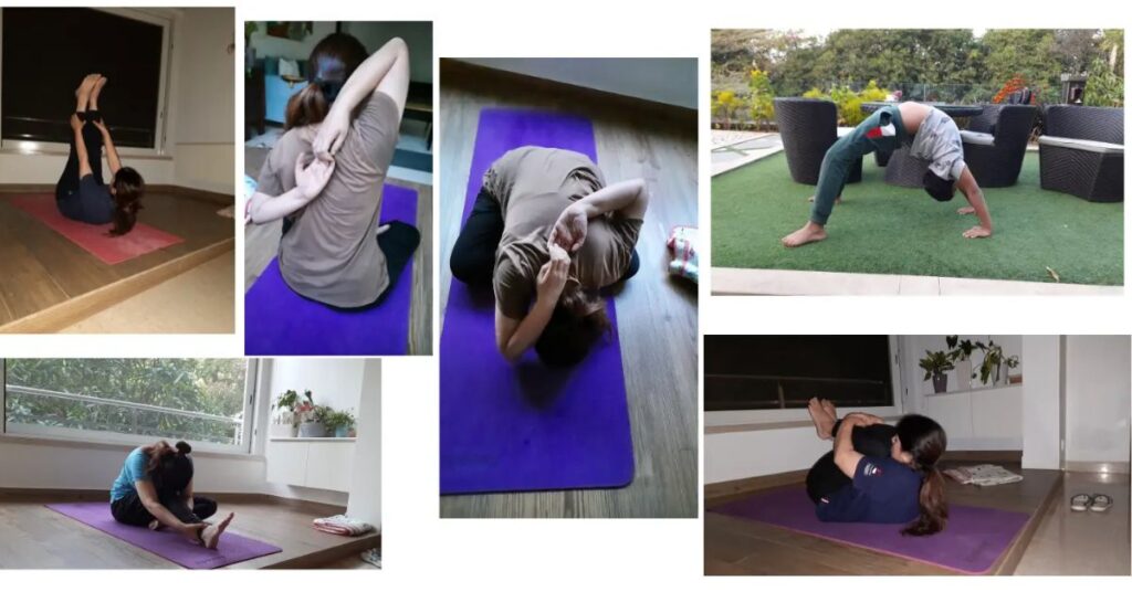Yoganta yoga students doing yoga at home, performing asanas chakrasna, pawanmuktasana, janu sirsasana, gomukhasana
